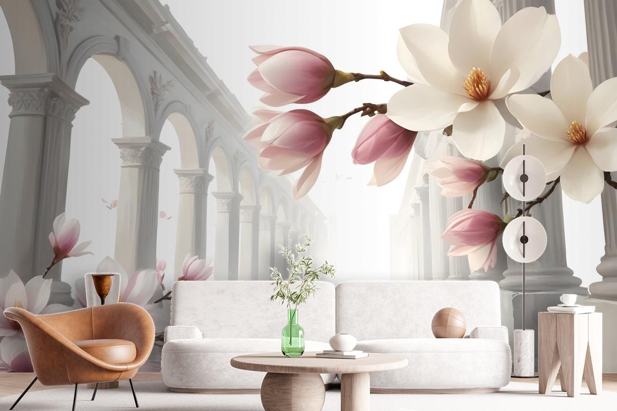 Magnolia Blossom With Column Wallpaper Mural