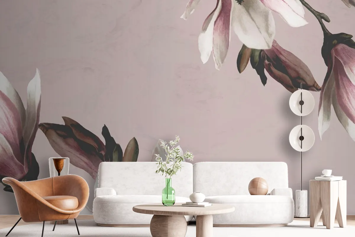 Magnolia Border On Beige Background Wallpaper Mural