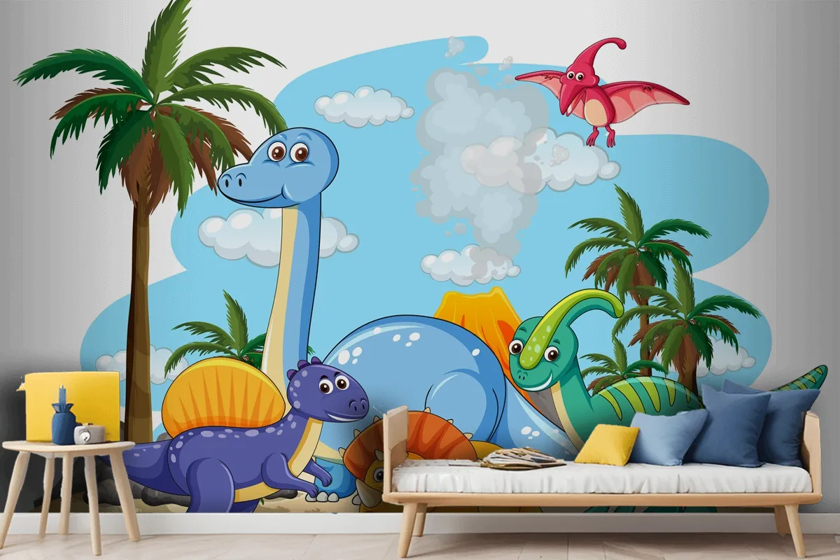 Many Cute Dinosaurs Character In Prehistoric Land Isolated Wallpaper Mural