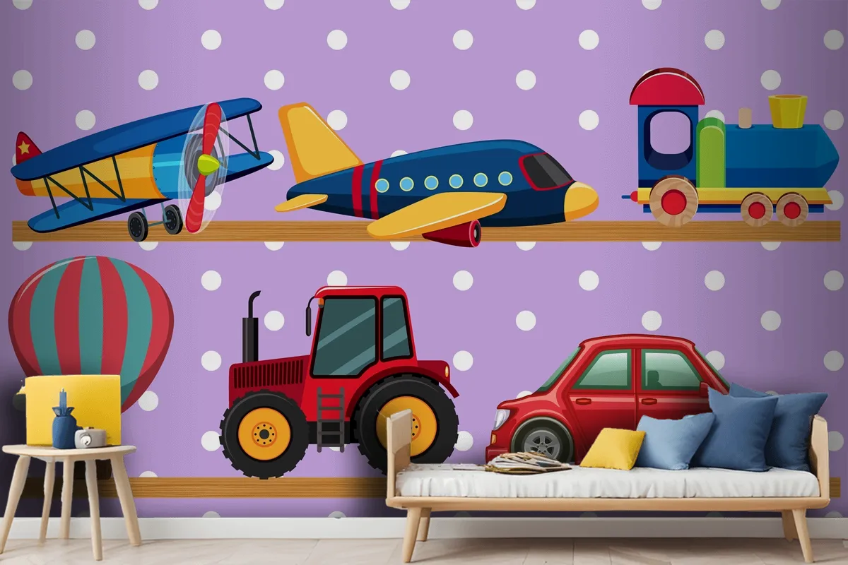 Many Transportation Toys On Wooden Shelves Wallpaper Mural