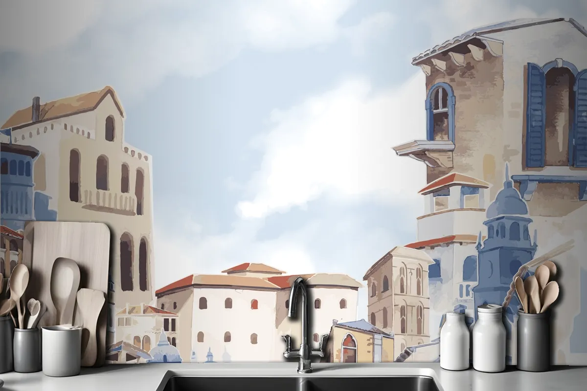 Mediterranean City Building Exterior Water Color Style Wallpaper Mural