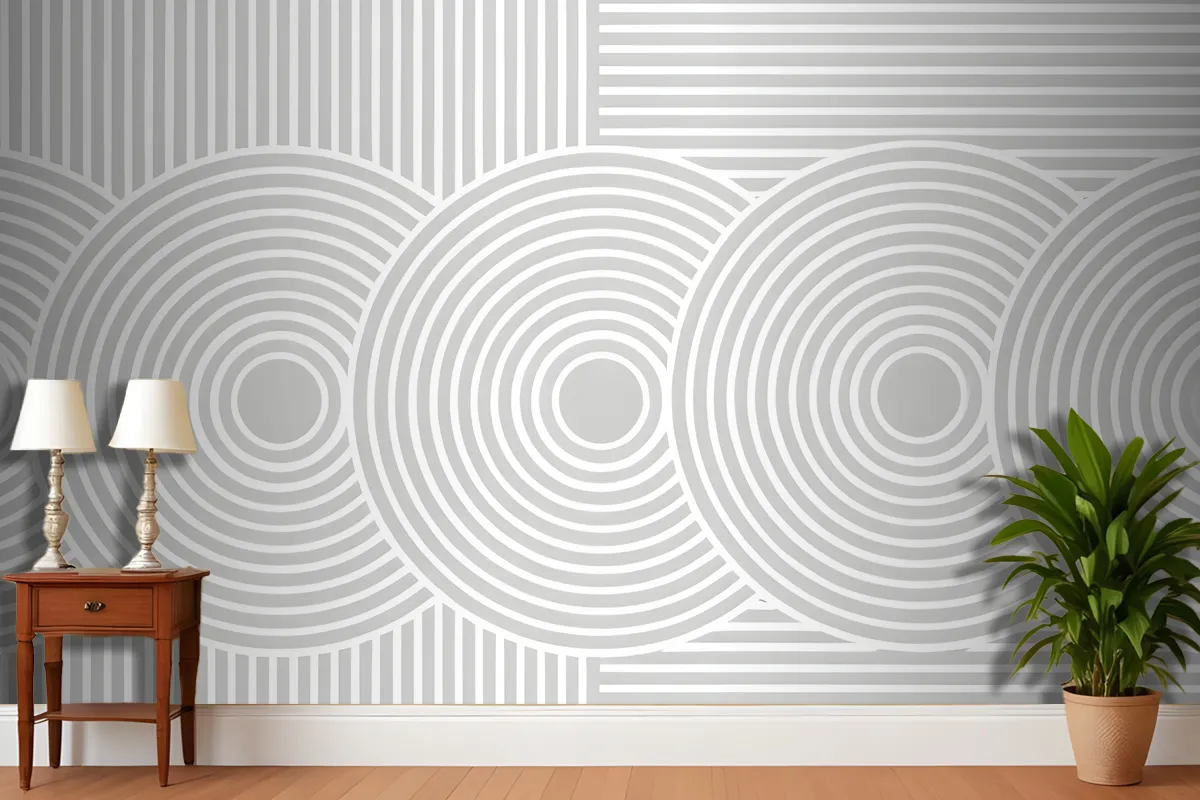 Minimalist Abstract Geometric Patterns Of Concentric Circles And Vertical Lines In Shades Of Gray Wallpaper Mural