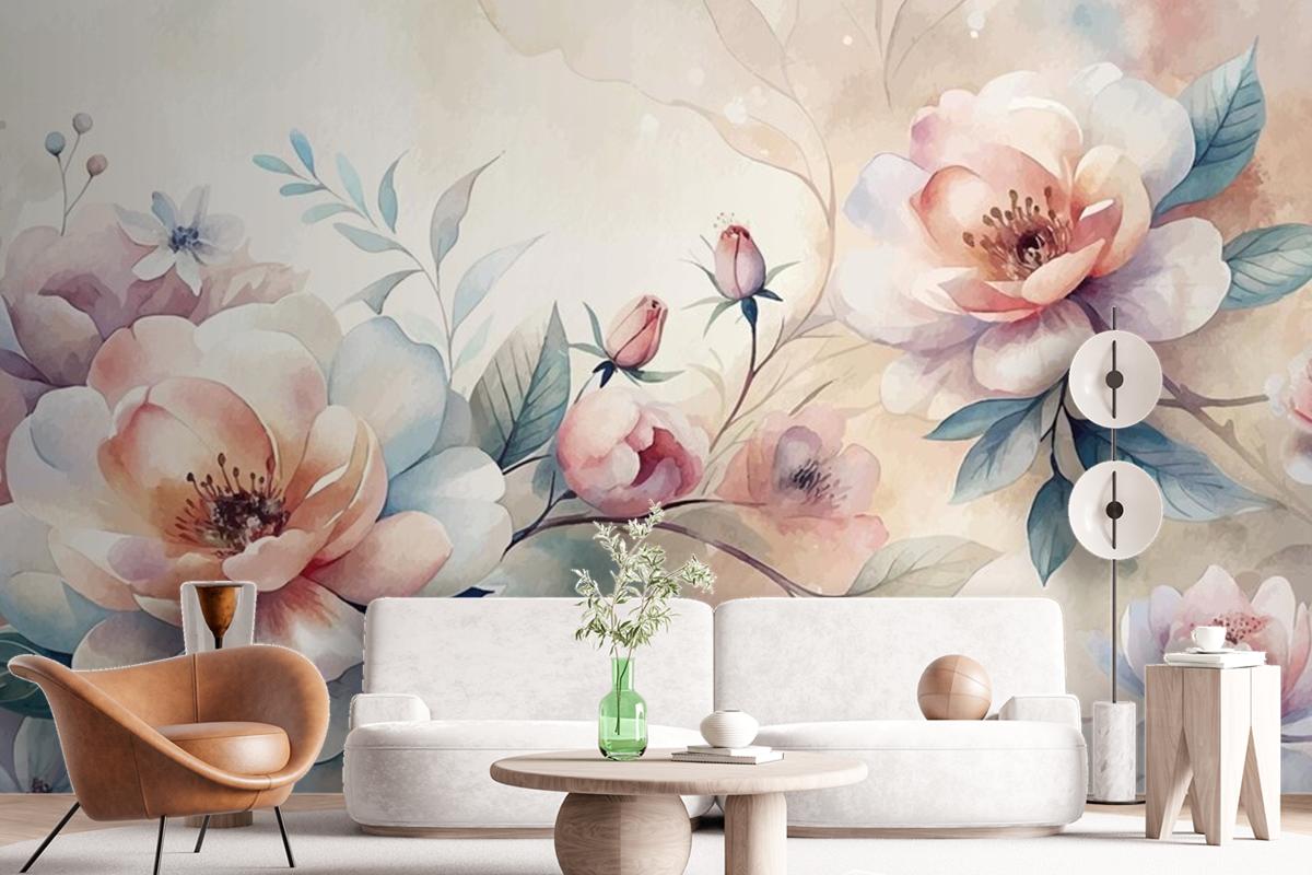 Minimalist Blooming Flower Watercolor Background Beautifully Scattered Wallpaper Mural