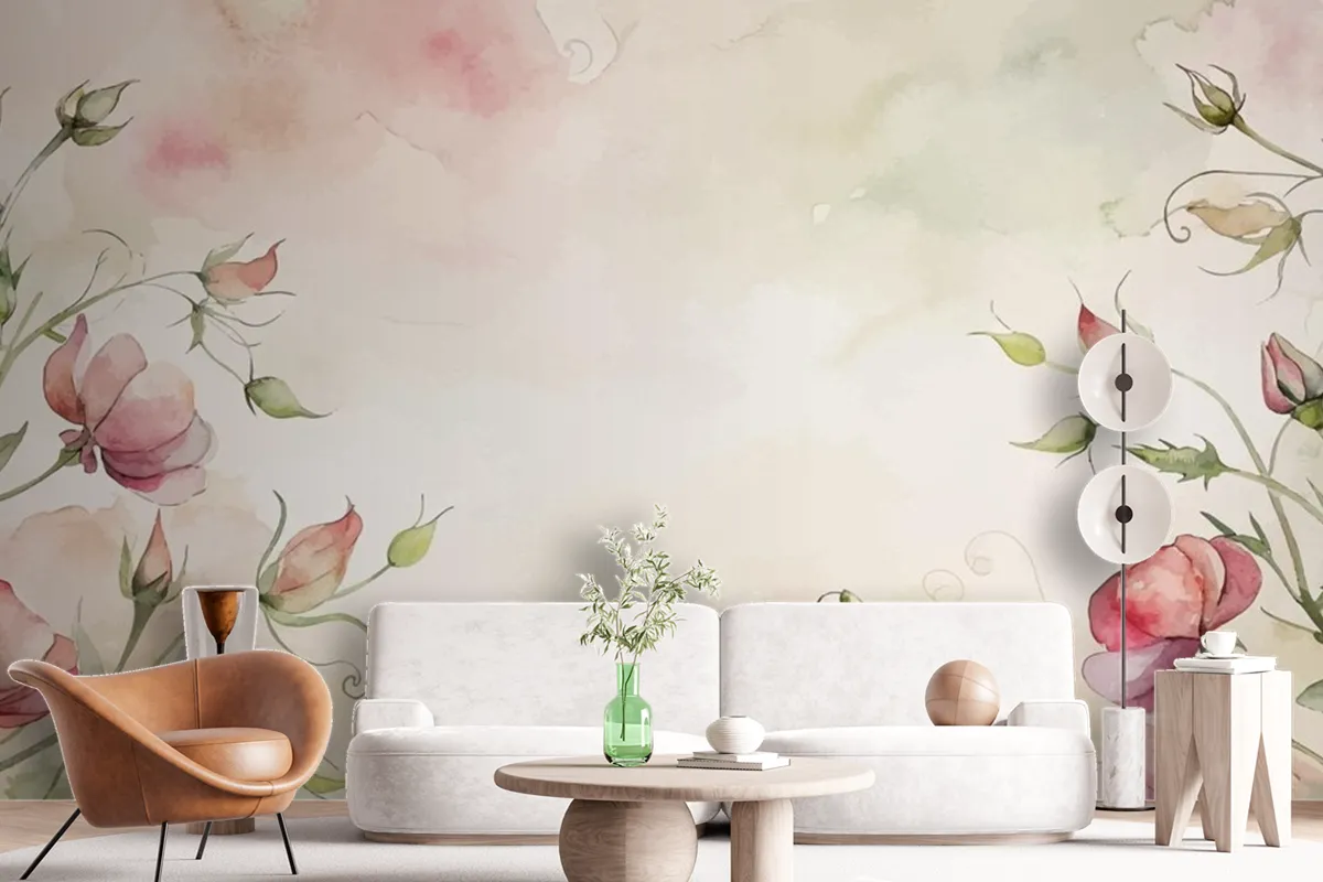 Minimalist Watercolor Background Of Sweet Peas Flowers Wallpaper Mural