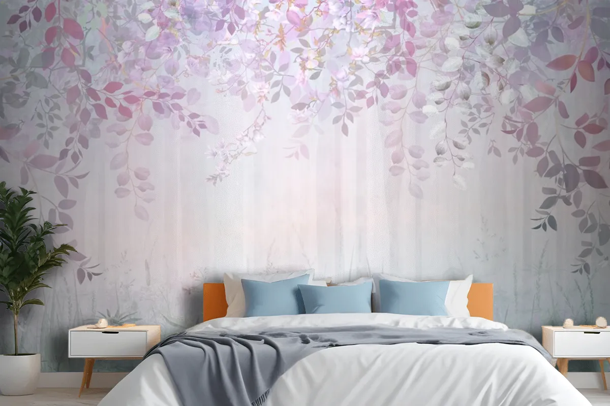 Misty Forest In A Rainbow Haze With Hanging Branches And Meadow Flowers Wallpaper Mural