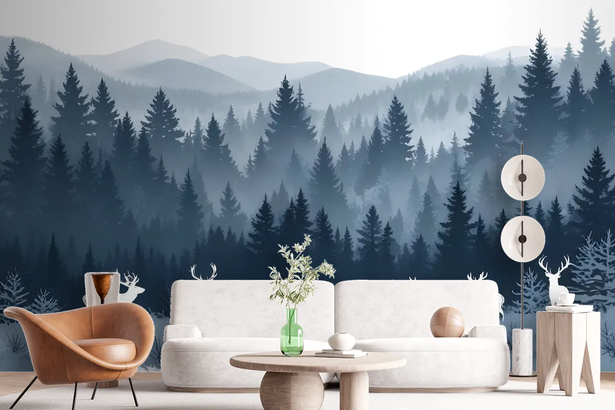 Misty Forest Landscape And Horned Deer Wallpaper Mural