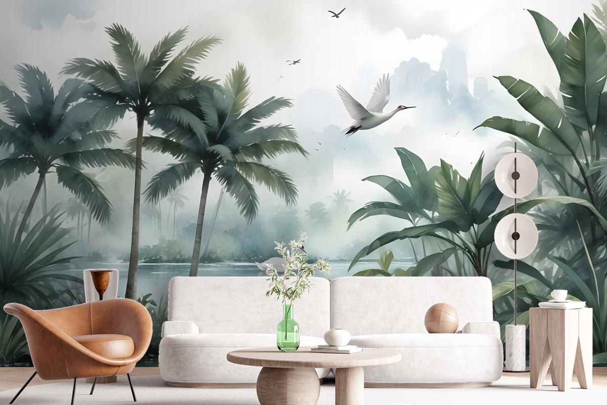 Misty Tropical Forest With Lake Wallpaper Mural