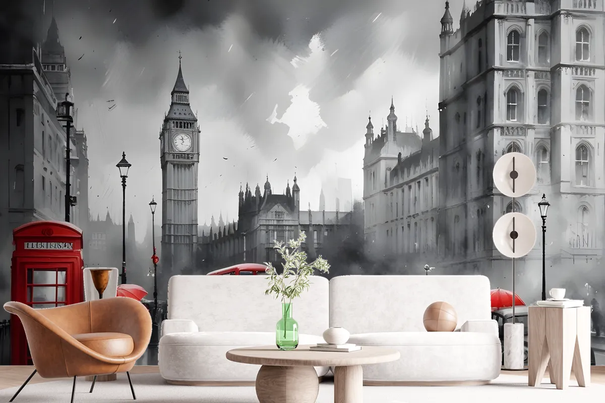 Monochrome Charcoal City Landscape And Red Bus Wallpaper Mural