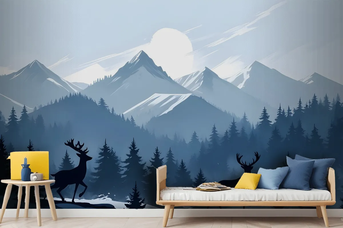 Monochrome Dark Blue Snowy Forest With Horned Deer Silhouette For Kids Wallpaper Mural