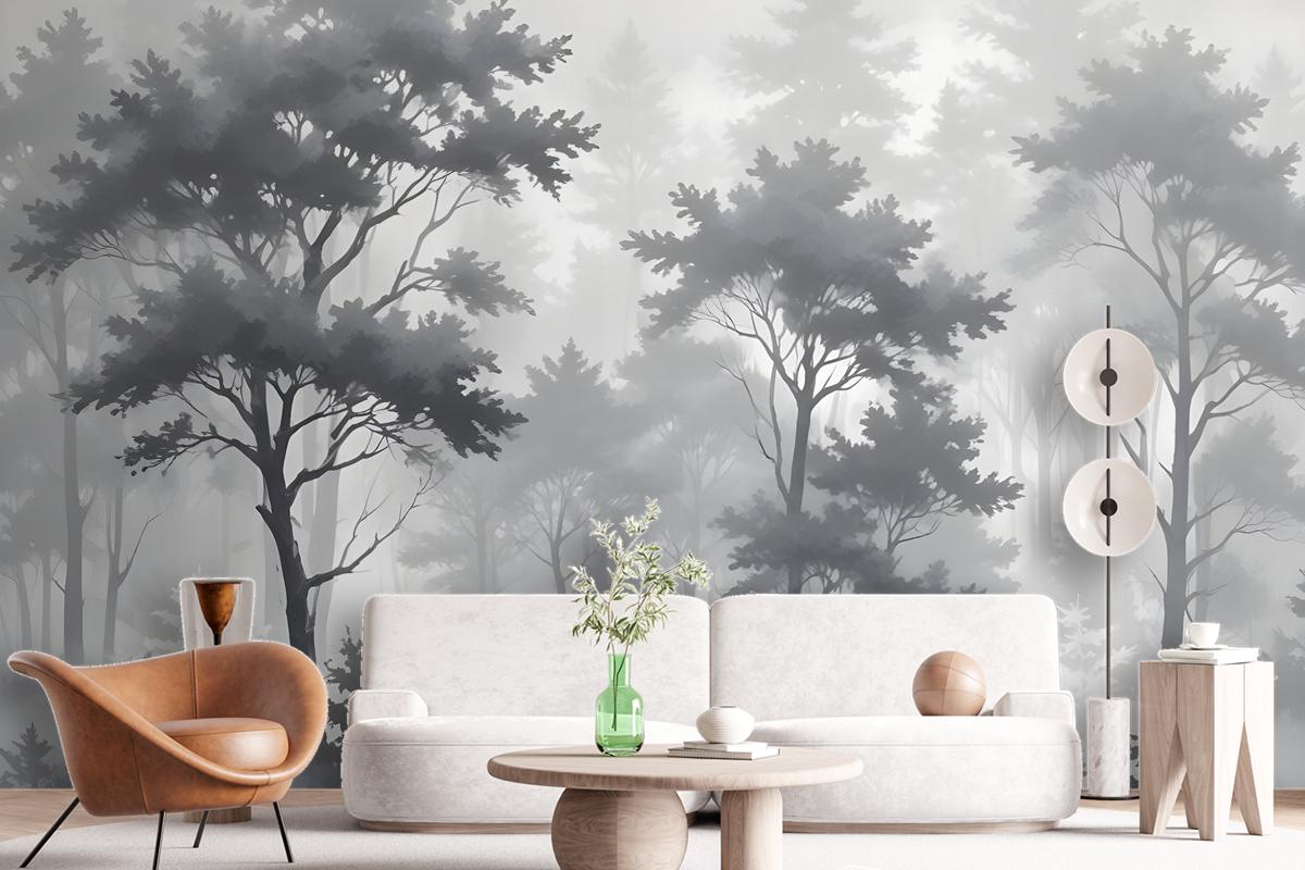 Monochrome Forest Silhouette Landscape Wallpaper Mural