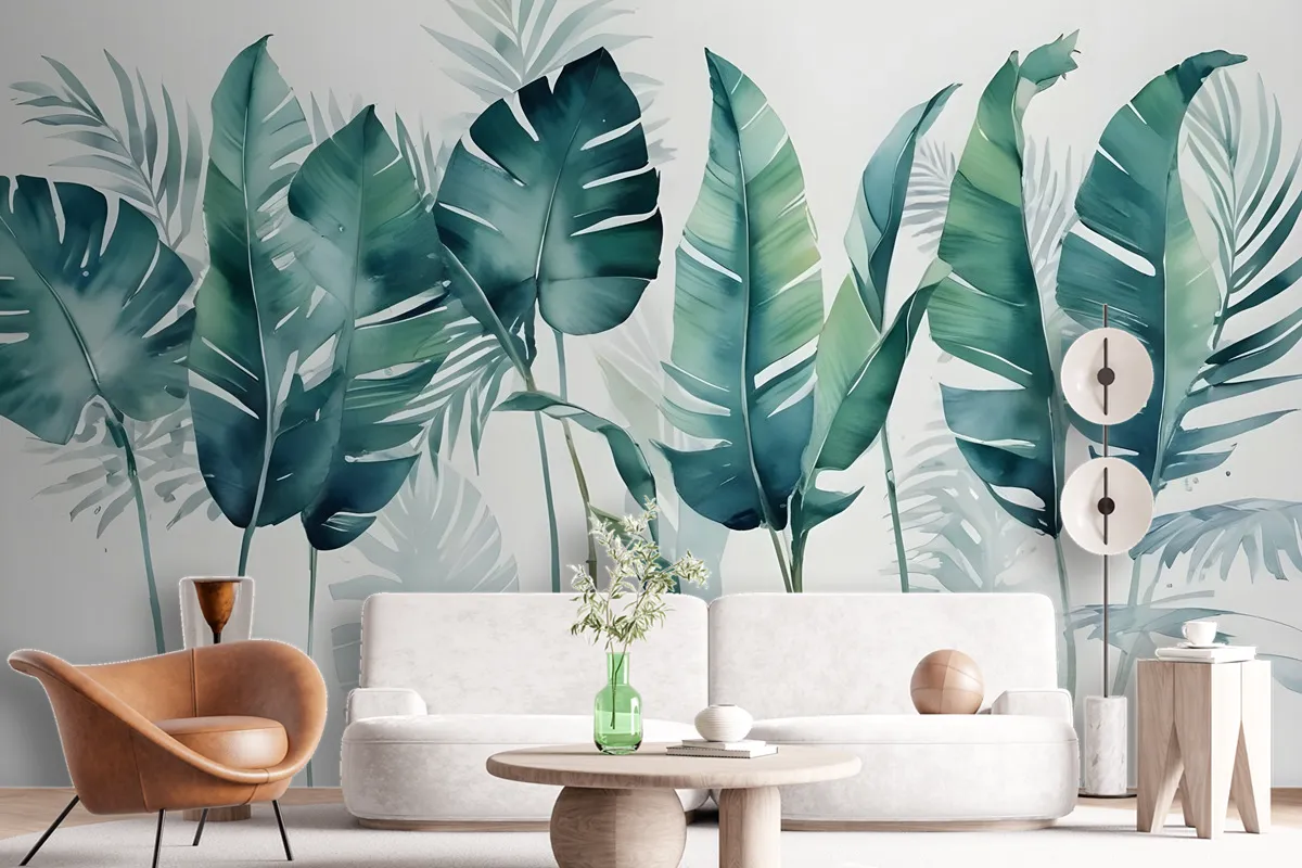 Monochrome Green Banana Leaf Wallpaper Mural