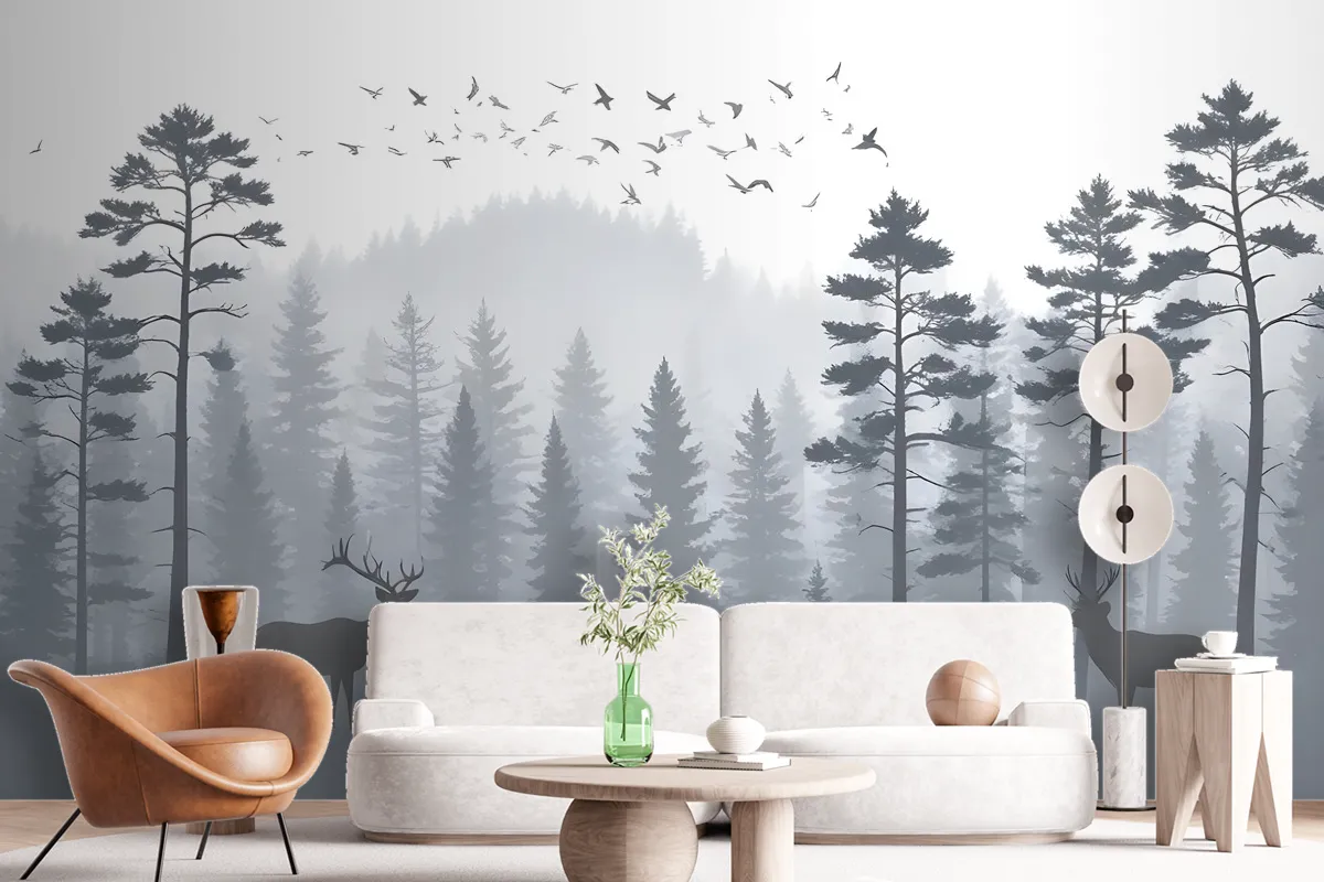 Monochrome Mountain And Forest Scape Wallpaper Mural