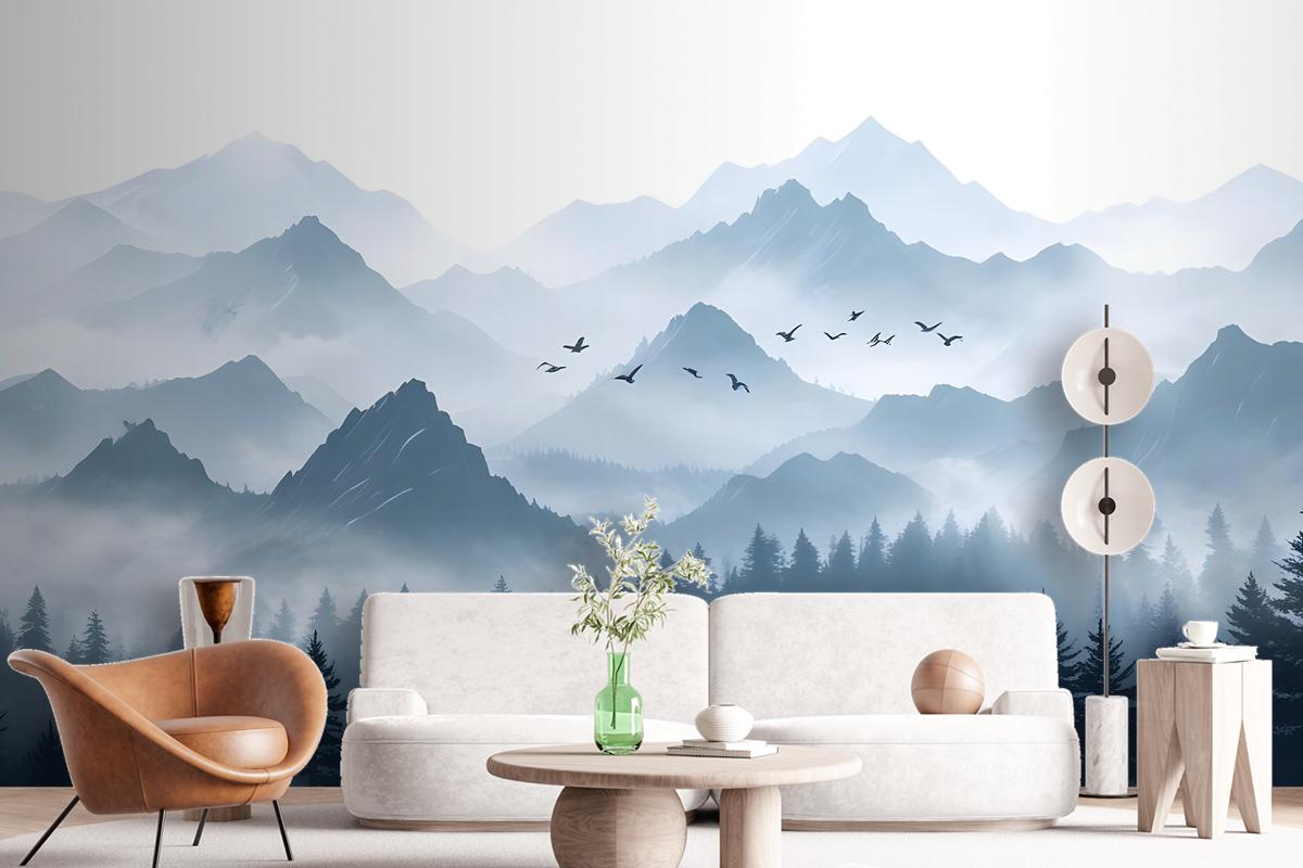 Monochrome Mountainscape With Misty Forest Wallpaper Mural