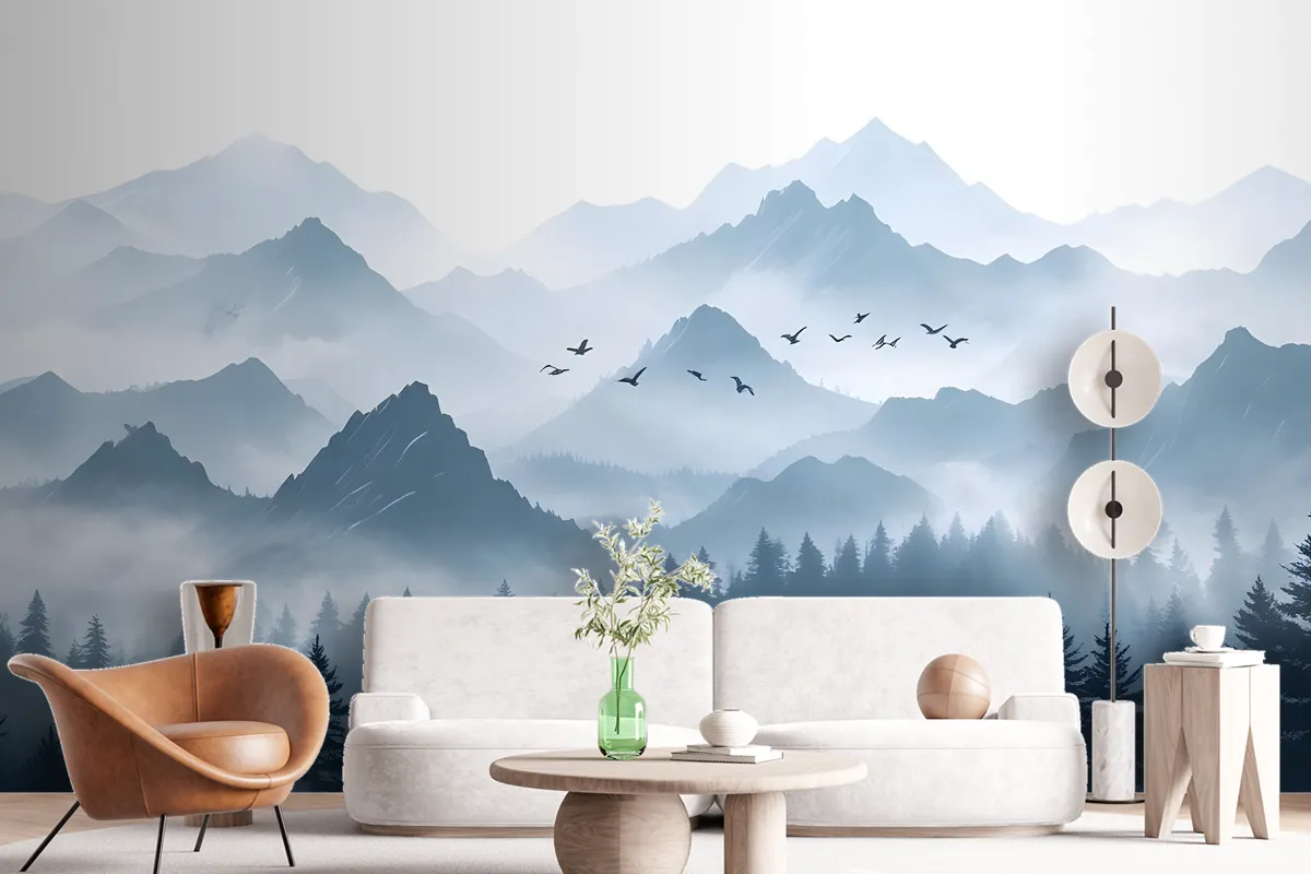 Monochrome Mountainscape With Misty Forest Wallpaper Mural