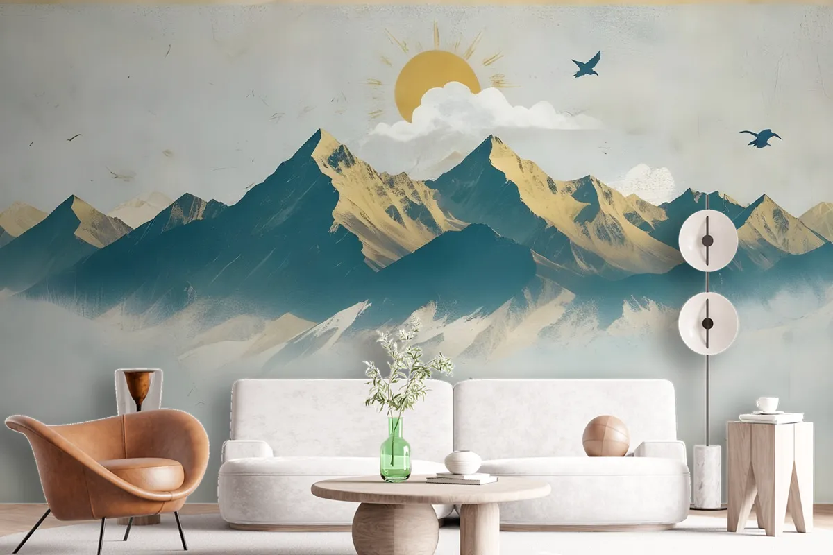 Mountain Sunrise Landscape And Old Plaid Texture Wallpaper Mural