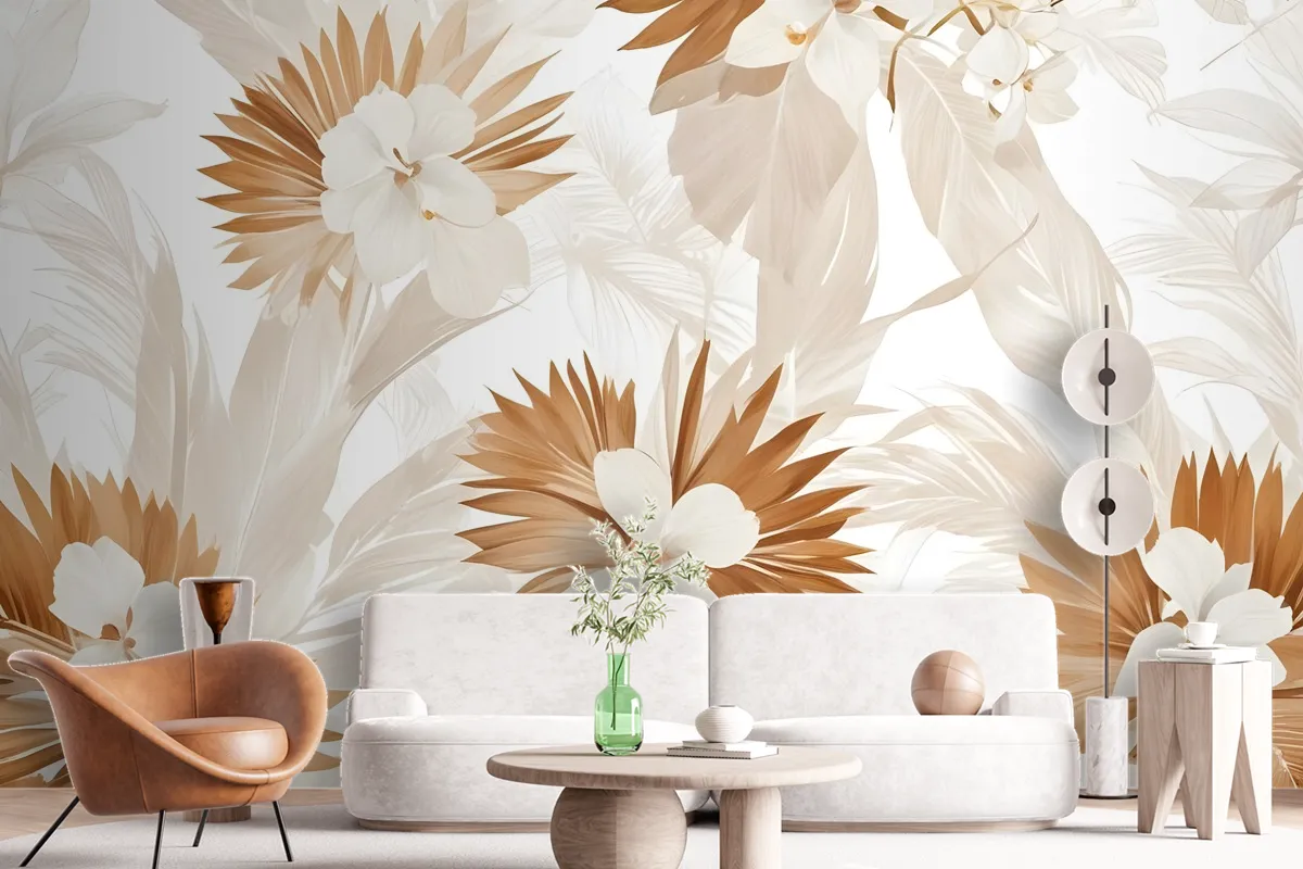 Neutral Boho Plants With Palm Leaf Wallpaper Mural