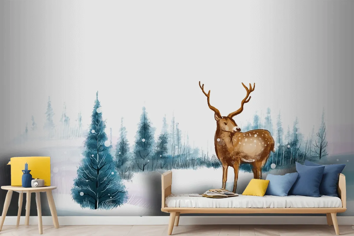 New Year And Christmas Tree Winter Landscape Background With Reindeer Wallpaper Mural