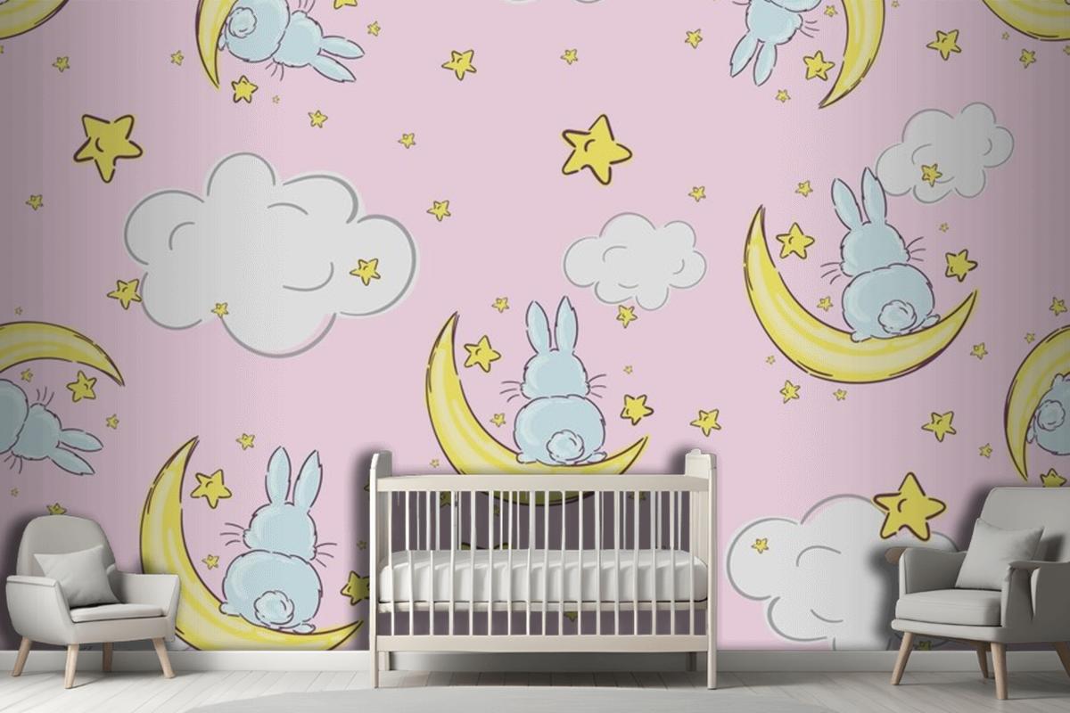 Night Sky Doodle Pattern With Cute Rabbits Sitting On Moons And Stars Seamless Wallpaper Mural