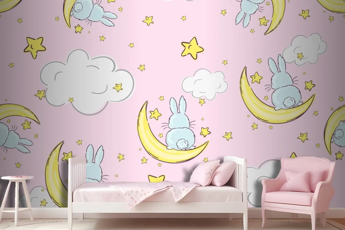 Night Sky Doodle Pattern With Cute Rabbits Sitting On Moons And Stars Seamless Wallpaper Mural