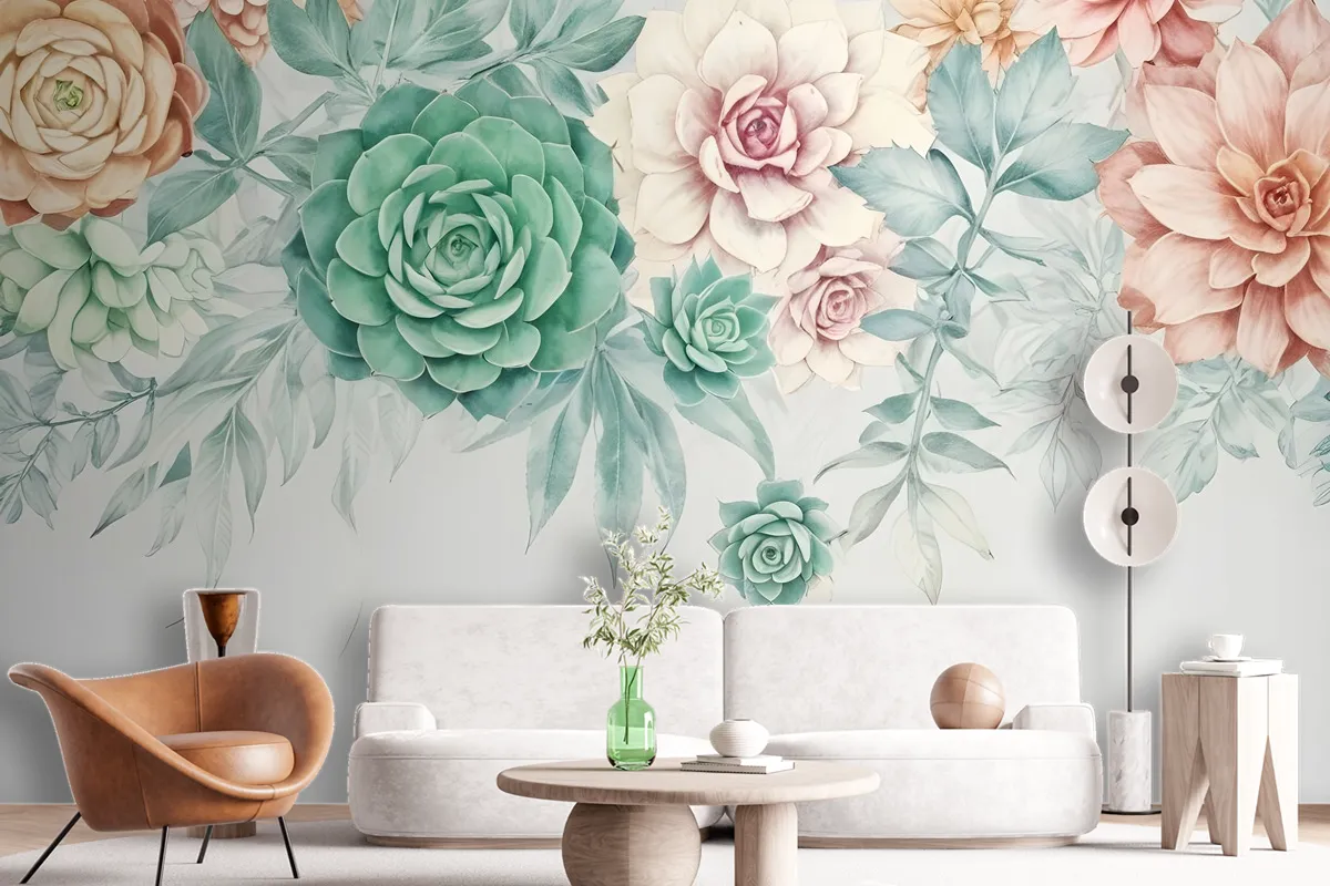 Nostalgic Soft Green Vine Floral Art Wallpaper Mural