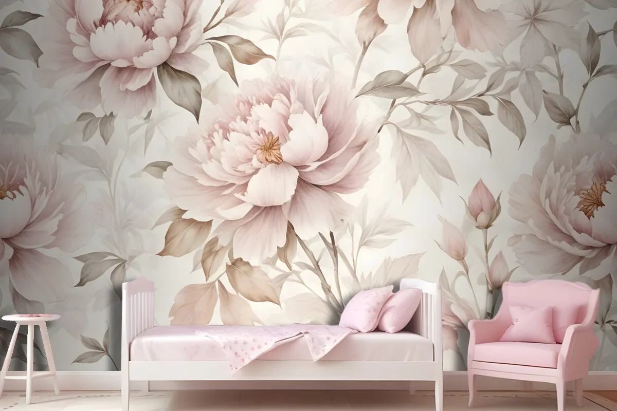 Nursery Pastel Peony Watercolor Floral For Girls Wallpaper Mural