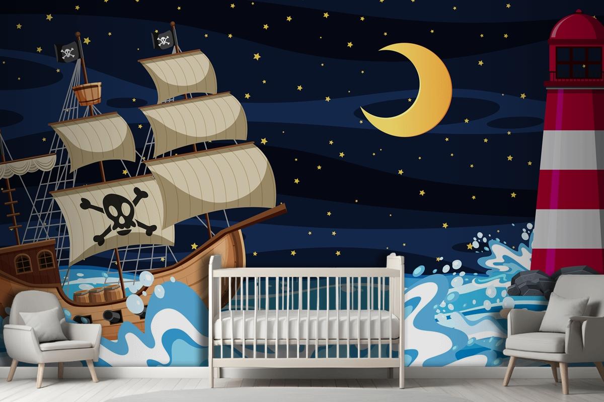 Ocean Scene At Night With Pirate Ship In Cartoon Style Wallpaper Mural