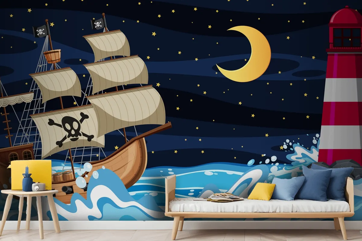 Ocean Scene At Night With Pirate Ship In Cartoon Style Wallpaper Mural