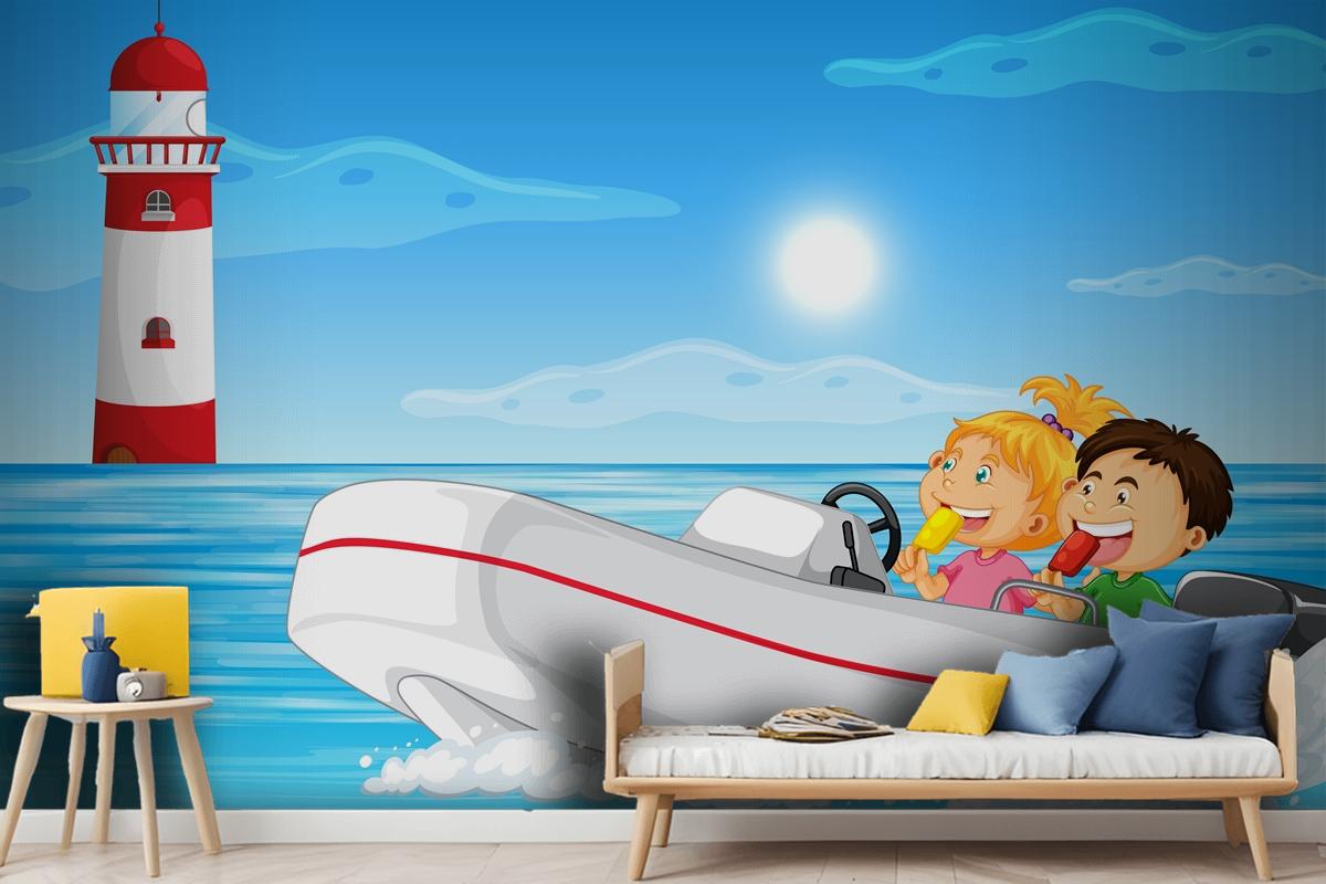 Ocean Scenery With Children On Motorboat Wallpaper Mural