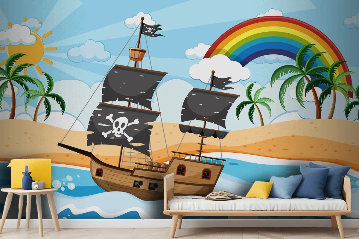 Ocean With Pirate Ship At Day Time Scene In Cartoon Style Wallpaper Mural