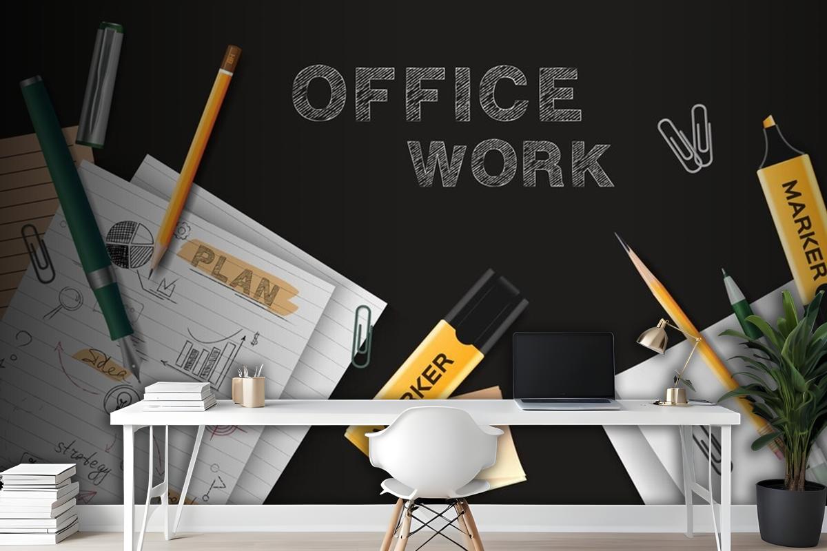 Office Work Black Chalkboard With Sheets Of Paper With Notes Scattered On It Realistic Wallpaper Mural