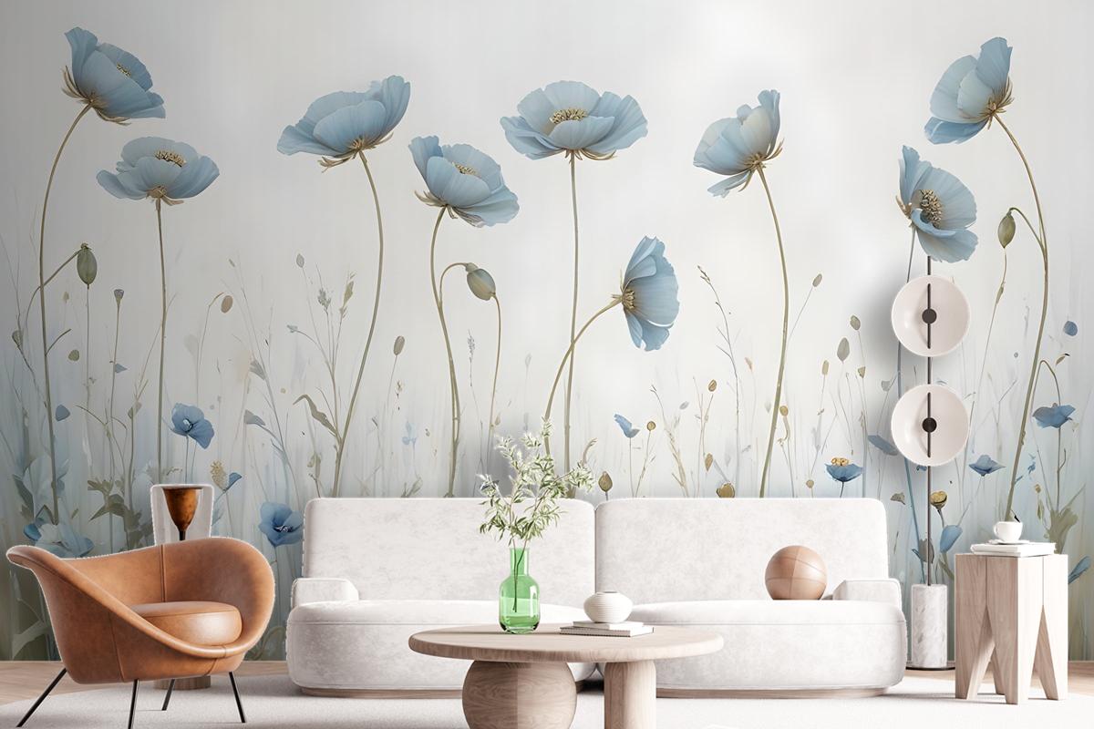 Oil Painting Blue Poppy Flowers Wallpaper Mural