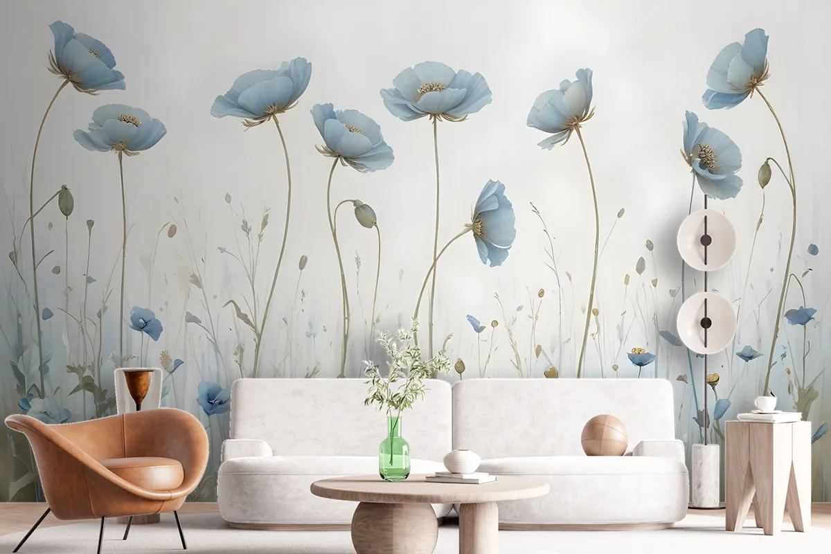 Oil Painting Blue Poppy Flowers Wallpaper Mural