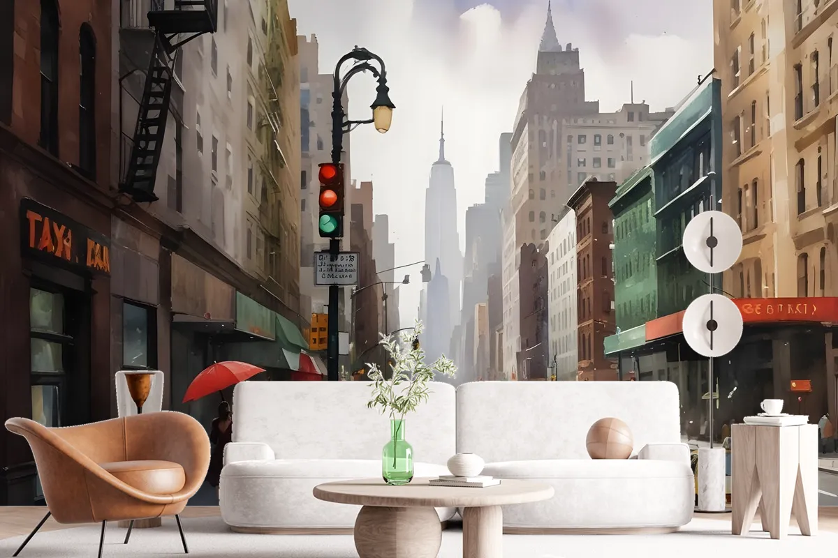 Oil Paintinging Style Street View Of New York City Landscape Wallpaper Mural