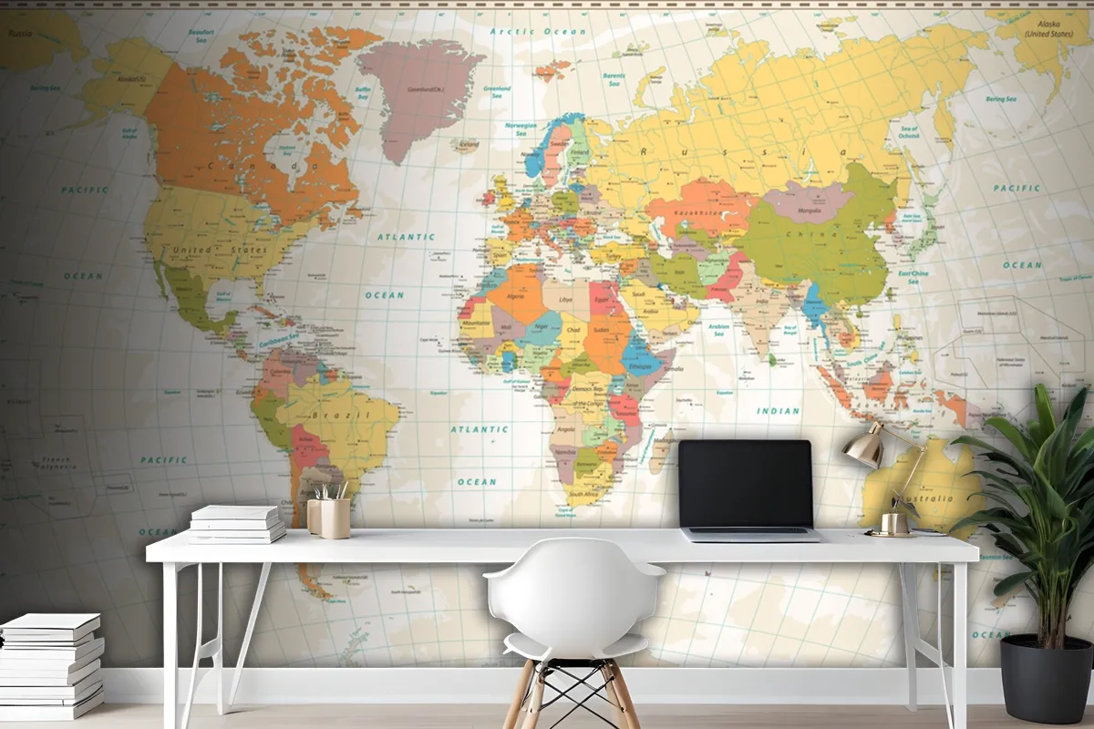 Old Retro World Map With Lakes And Rivers Wallpaper Mural