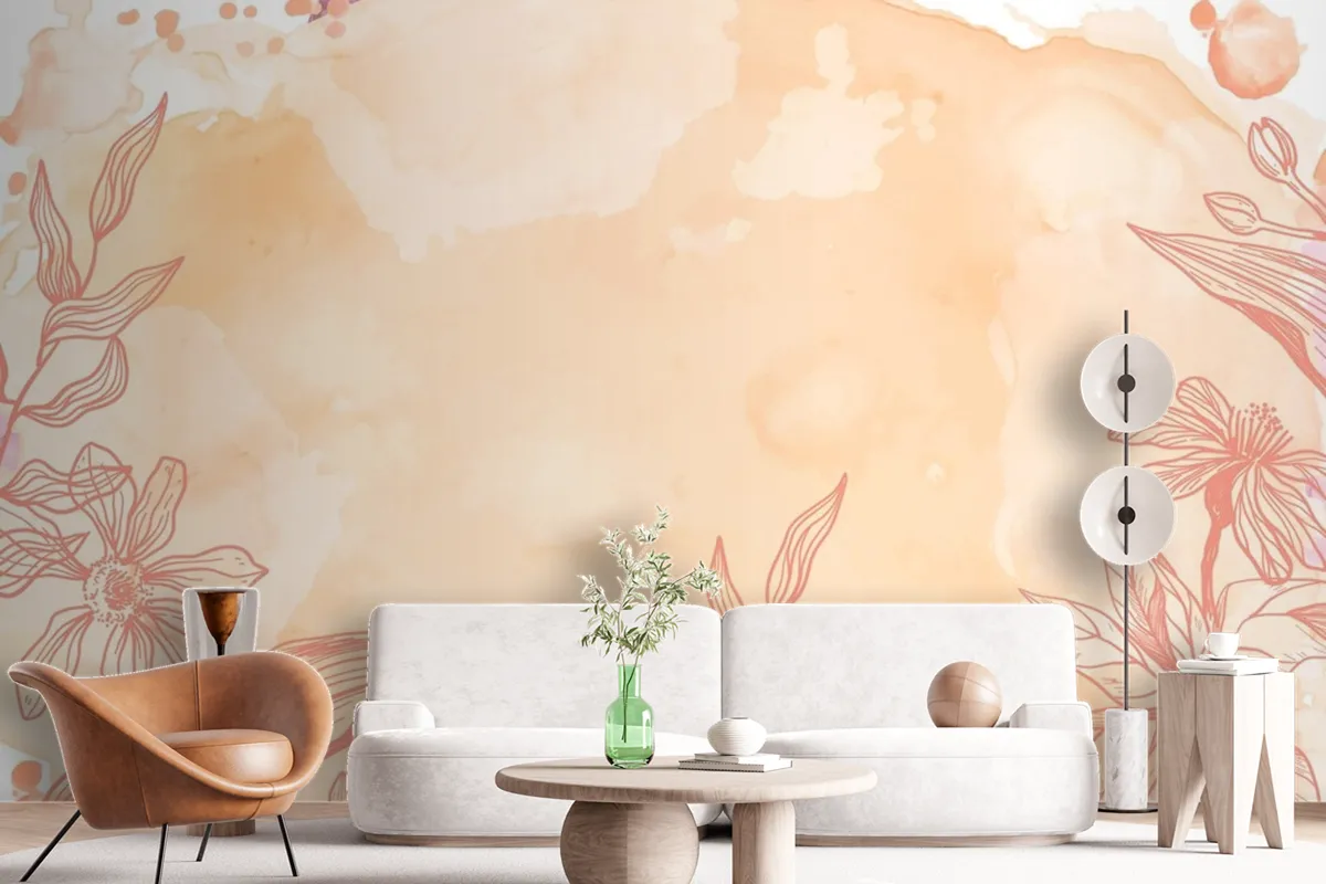 Orange Powder Pastel With Hand Drawn Flowers Background Wallpaper Mural