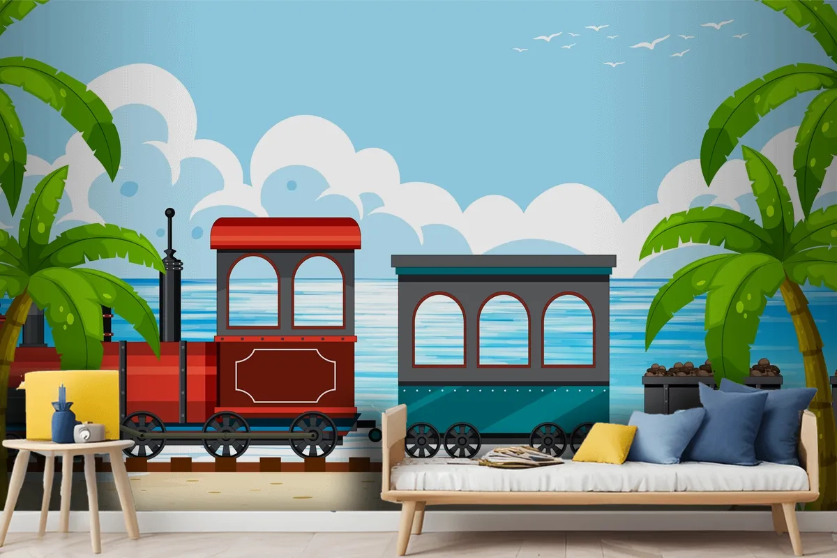 Outdoor Scene With A Steam Locomotive Train Boys Wallpaper Mural