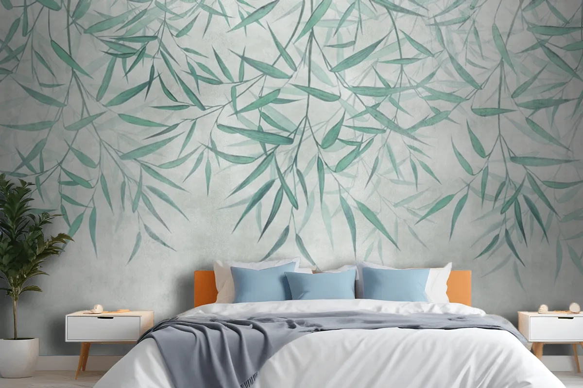 Painted Reed Bamboo Leaves Hanging From Above On A Textured Background Wallpaper Mural