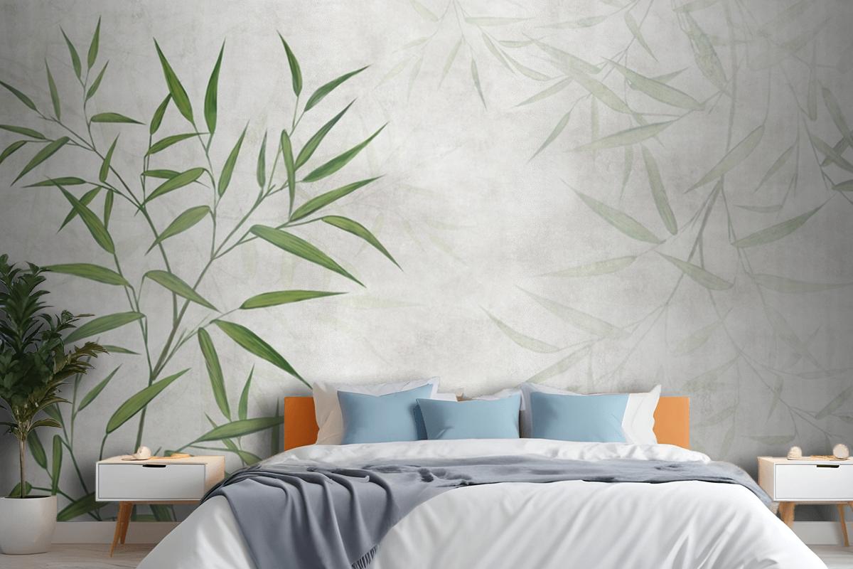 Painted Reed Bamboo Leaves On A Textured Background Wallpaper Mural