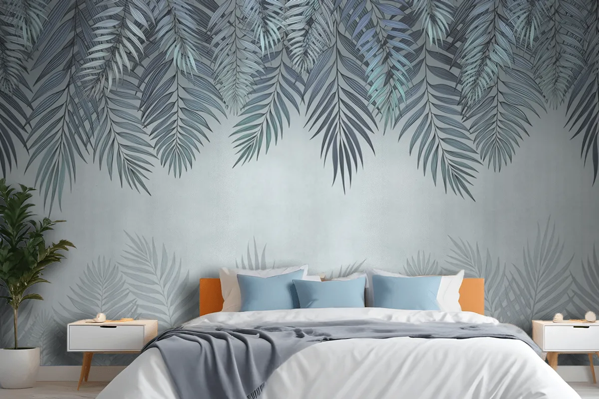 Palm Leaves In Pale Blue Flowers Wallpaper Mural