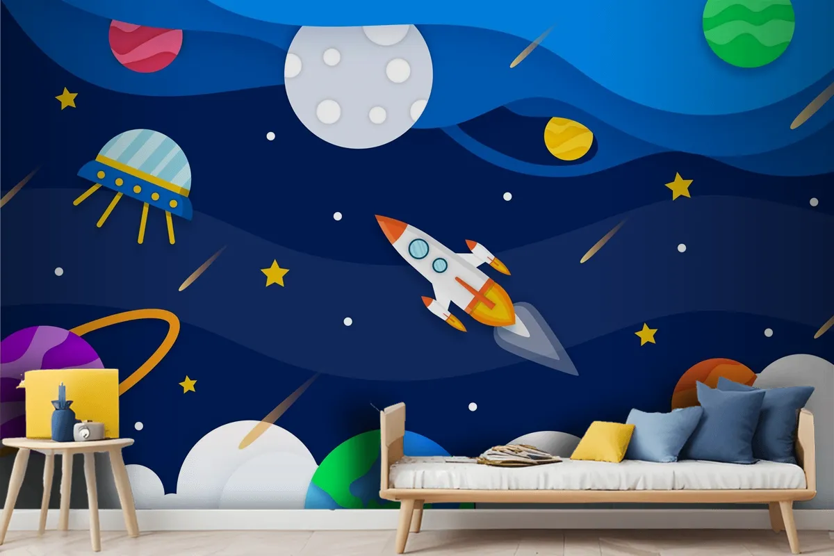 Paper Style Galaxy With Rocket Wallpaper Mural