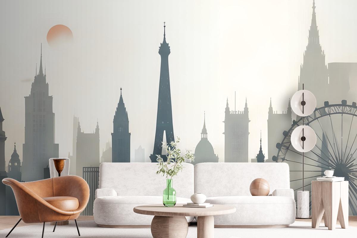 Paris City With Eiffel Tower And Amusement Park Wallpaper Mural