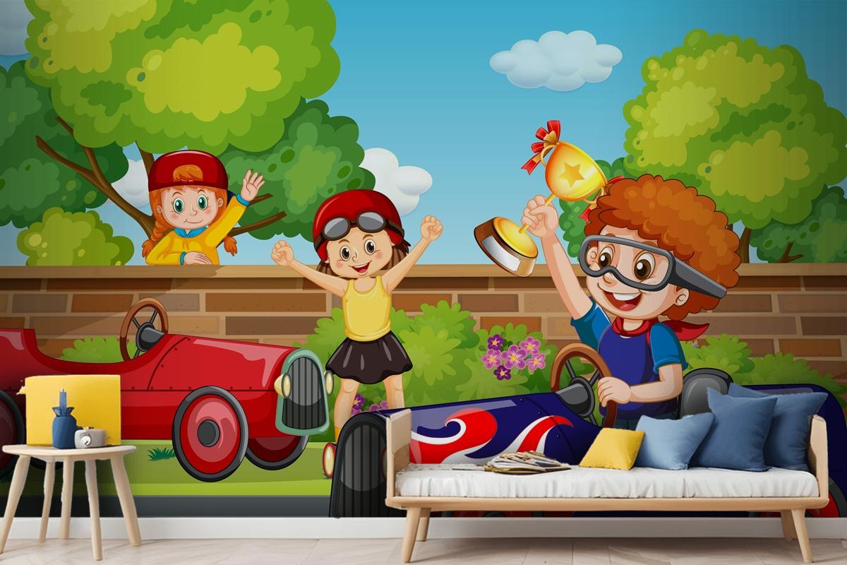 Park Scene With Children Racing Car Wallpaper Mural