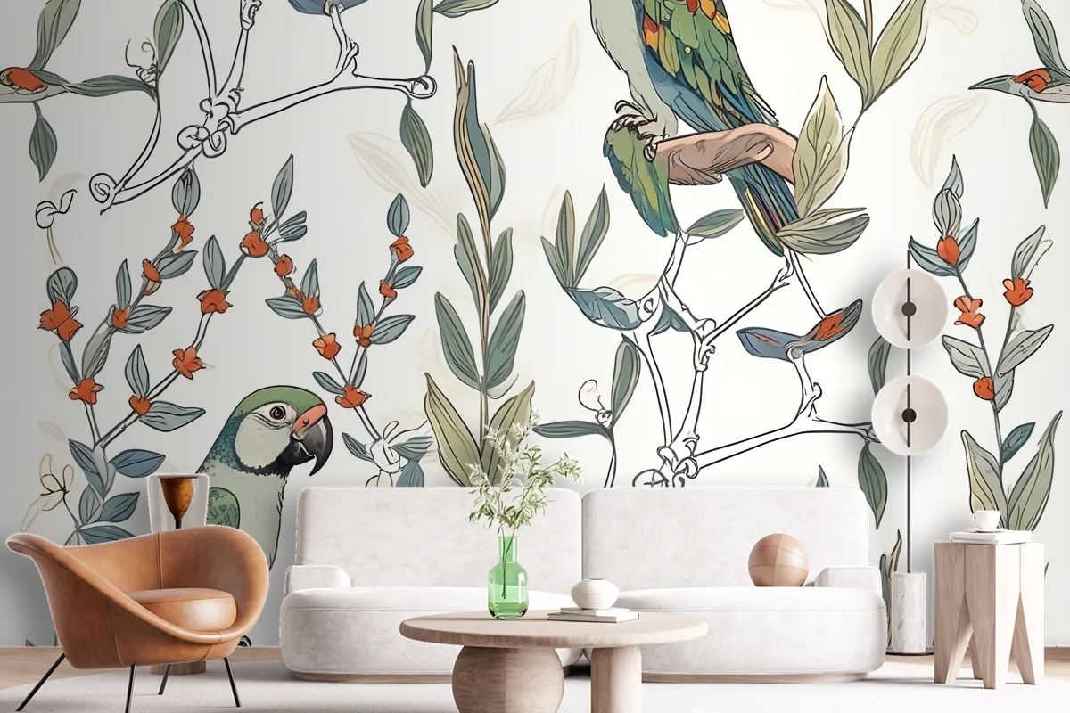 Parrot On Branches Wallpaper Mural