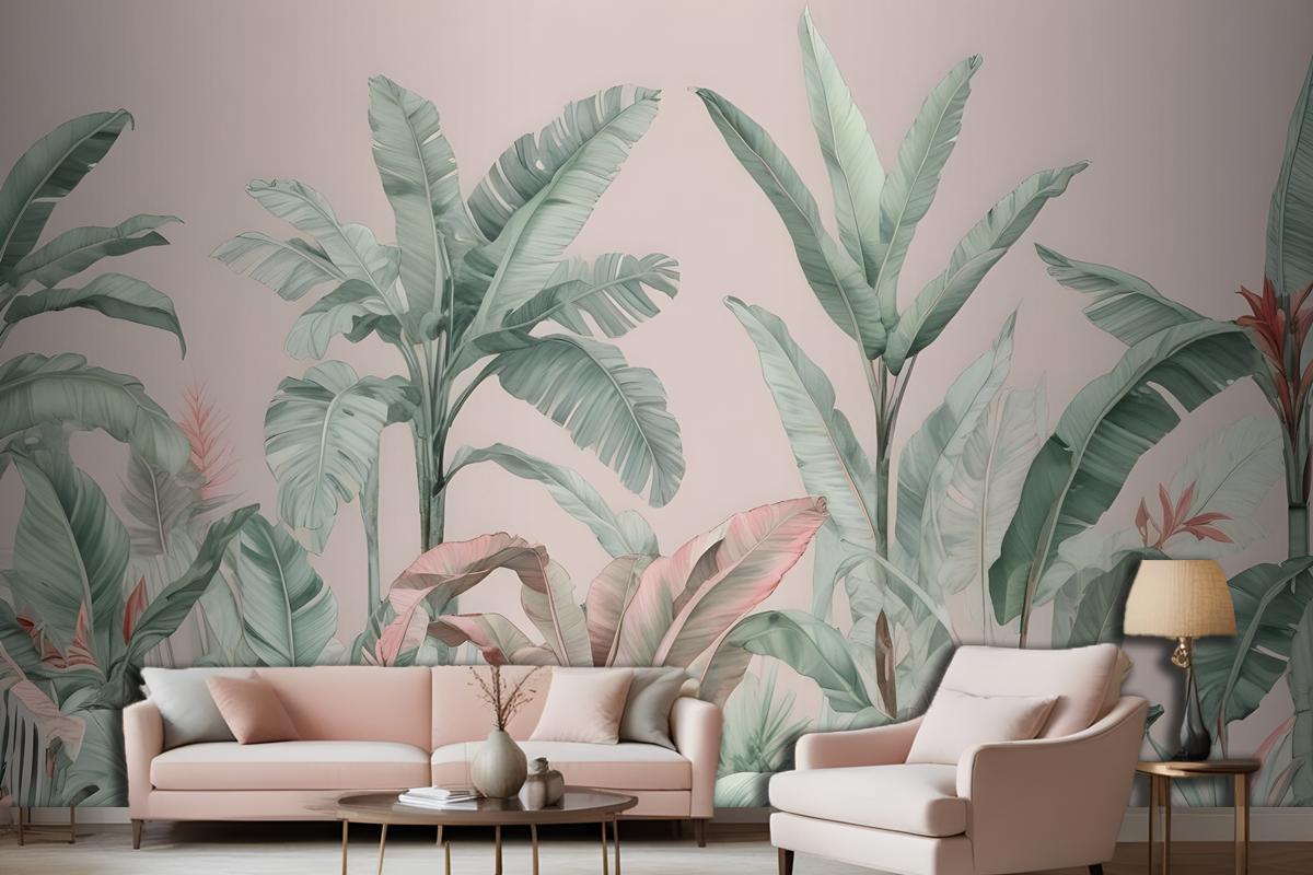 Pastel Pink & Green Vintage Tropical Wallpaper Mural