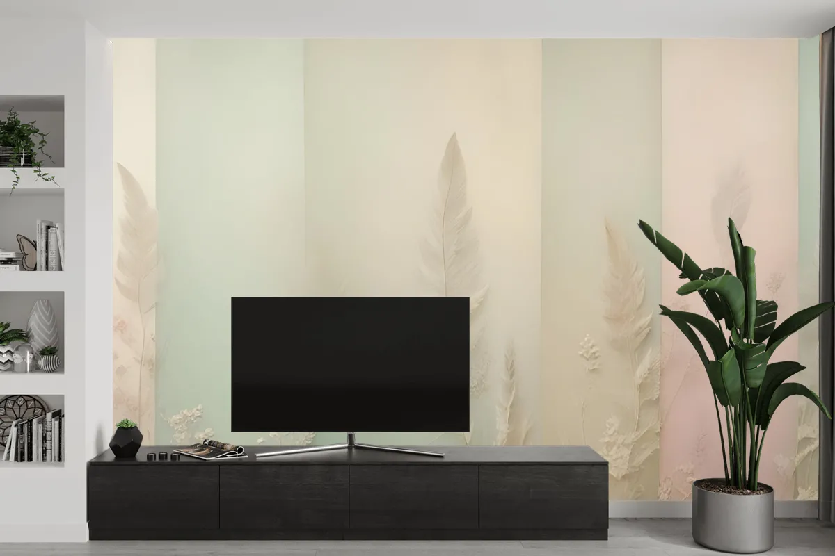 Pastel Renklerde Dikey Çizgilerin Yer Aldığı Minimalist Soyut Çiçekler Tv Arkası Duvar Kağıdı