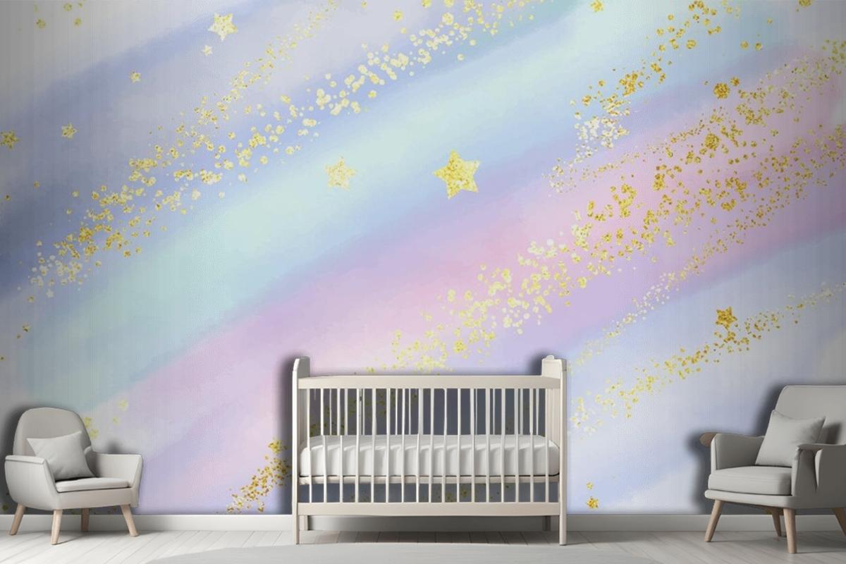 Pastel Watercolour Background With Glittery Gold Stars And Confetti Wallpaper Mural