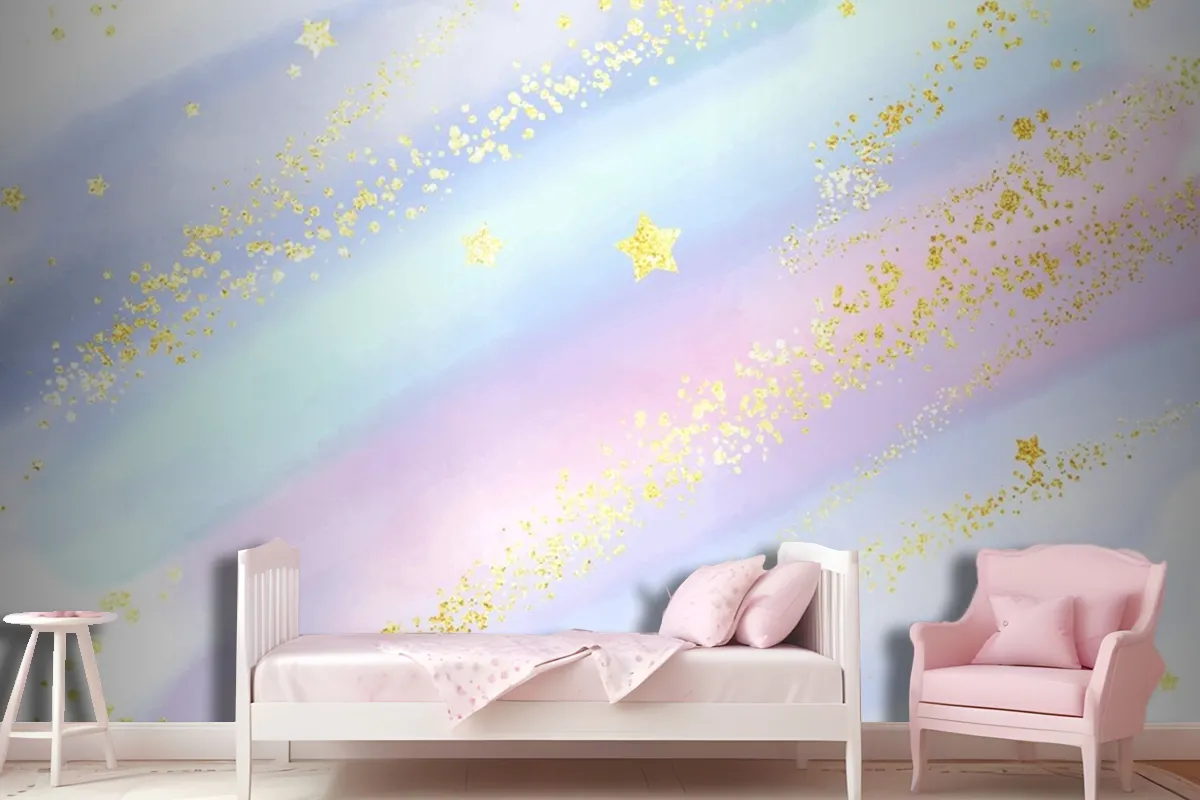 Pastel Watercolour Background With Glittery Gold Stars And Confetti Wallpaper Mural