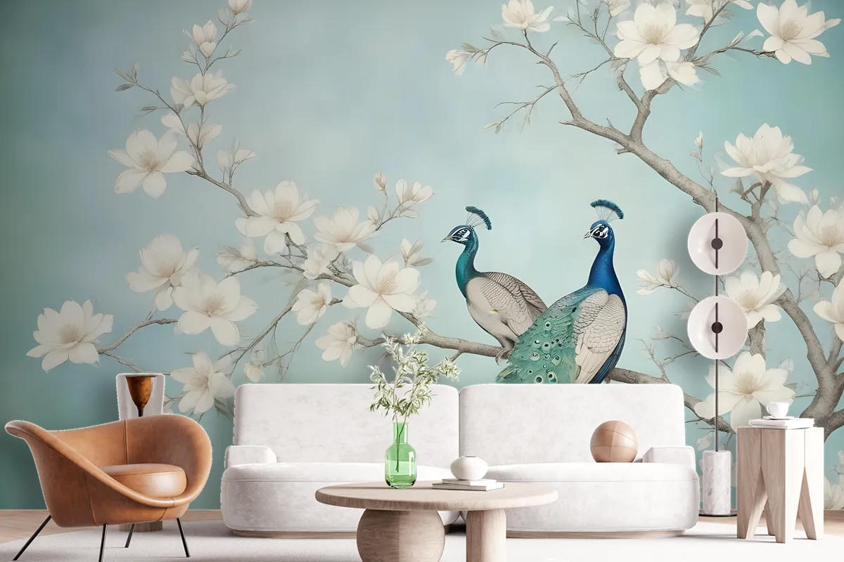 Peacock With Magnolia Blossom Wallpaper Mural