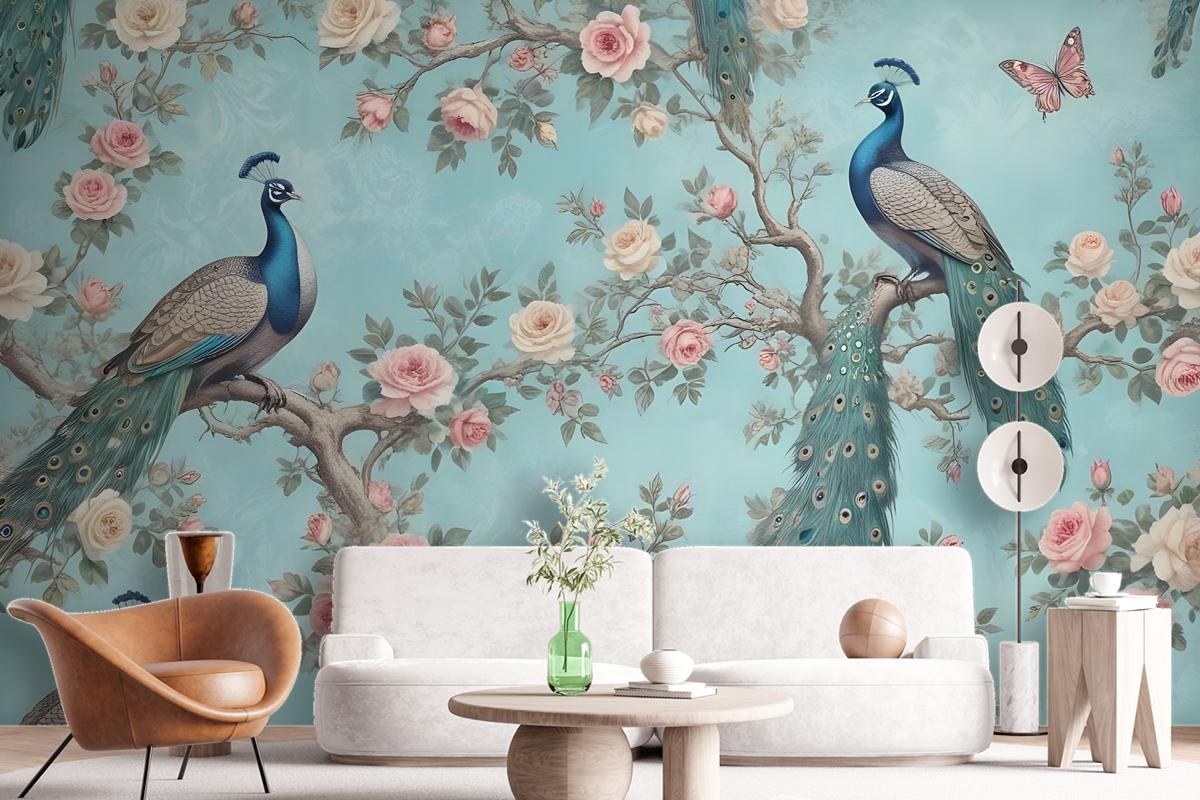 Peacock With Peony Blossom Wallpaper Mural