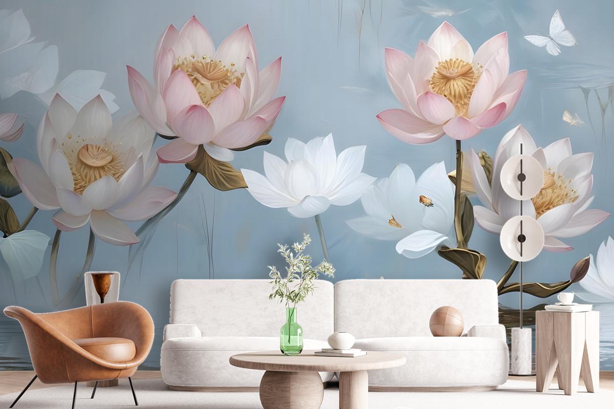 Pearl Lotus Flower And Little Butterfly Wallpaper Mural